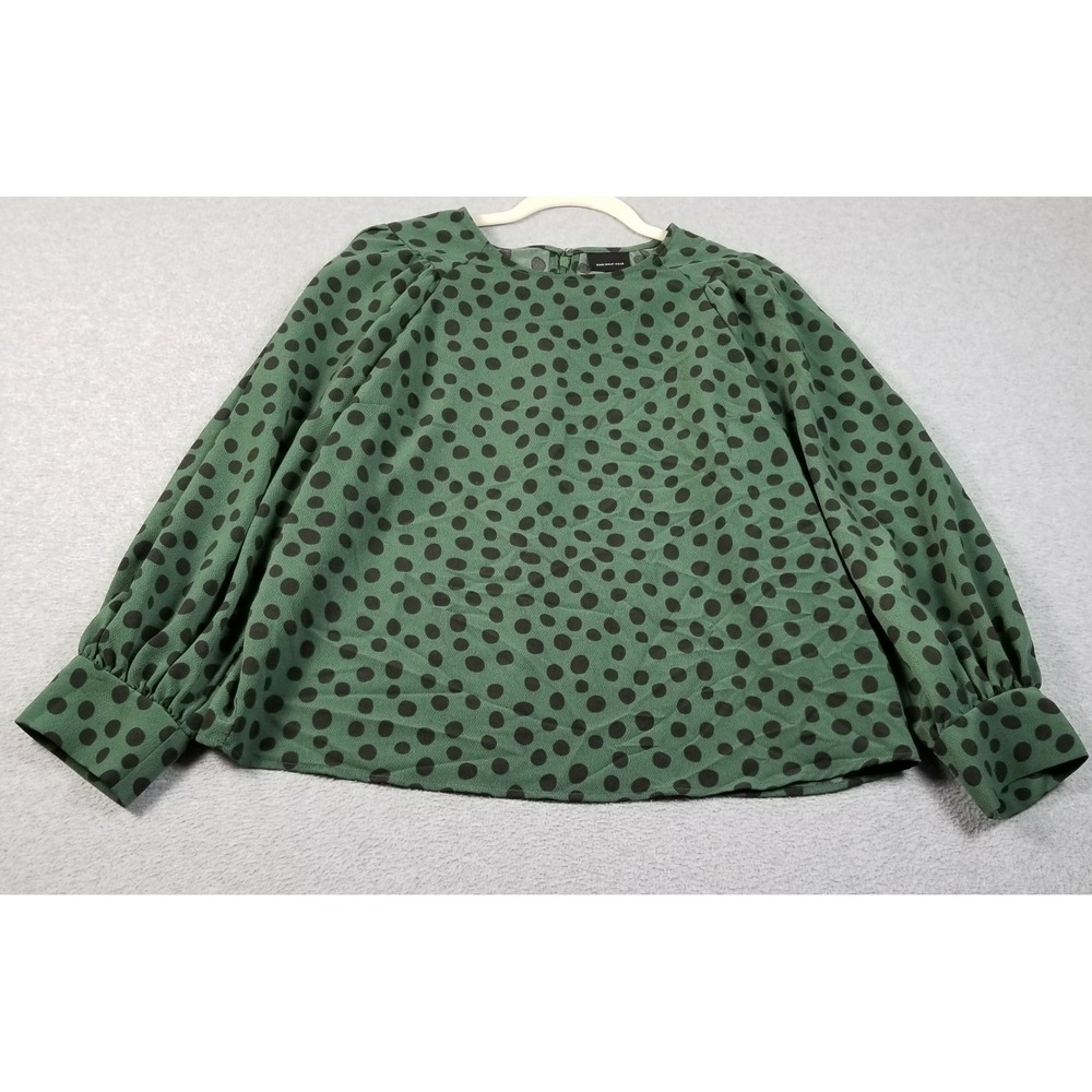 Who What Wear Blouse Womens Large Green Polka Dot Long Puff Sleeve Back Zip Top
